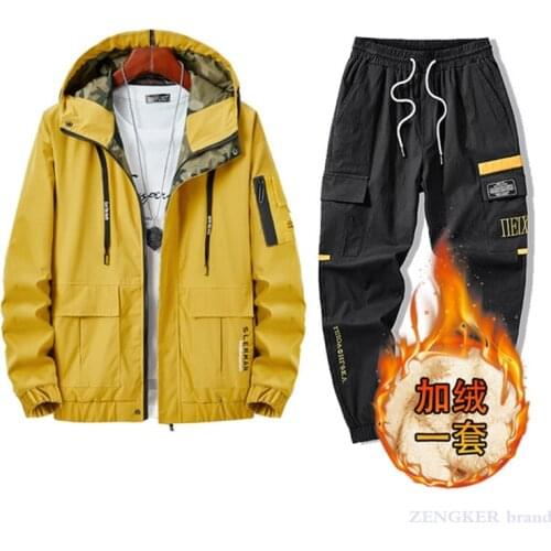 Mens coat spring and autumn winter jacket leisure suit work clothes collocation with plush thickening 2-piece set 140kg chubby