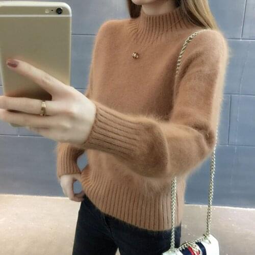 Autumn 2021 Women Beige Half Turtleneck Faux Mink Cashmere Knitted Sweater Jumper Soft Long Sleeve Warm Lady Base Pullover