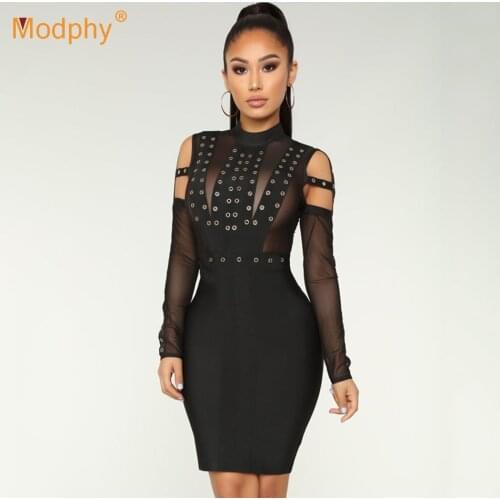 Autumn New High Neck Mesh Stitching Hollow Circle Long Sleeve Bodycon Bandage Dress 2020 Celebrity Runway Party Dress Vestidos