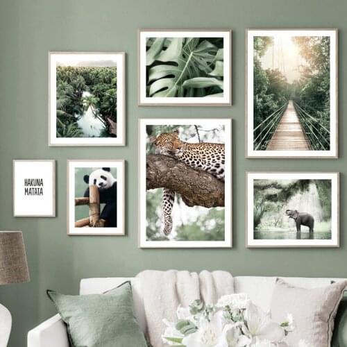 Palm Forest Jungle Leopard Elephant Panda Bridge Nordic Poster Wall Art Print Canvas Painting Wall Picture For Living Room Decor