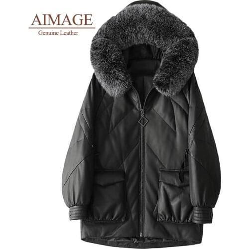 Winter women sheepskin coats white duck down real leather with fox fur big hooded casacas para mujer warm comfort pockets PY020