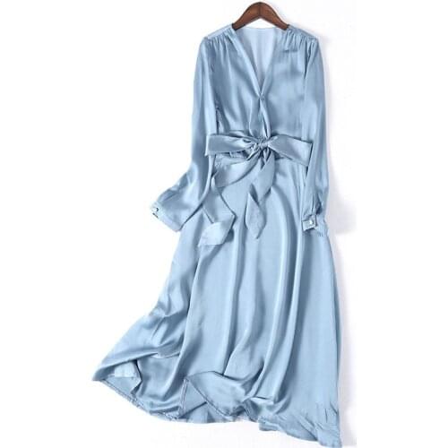 Mujer Vestidos 2020 New Spring Dress Satin Bright Silk Mature Lady Dress Spring V-neck Elegant Womens Temperament Dresses A885