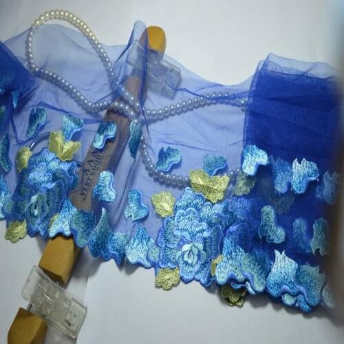 Advanced fabric 21CM (2yds/lot) blue shiny silk Embroide Hight quality lace fabrics embroidered lace trim0508008