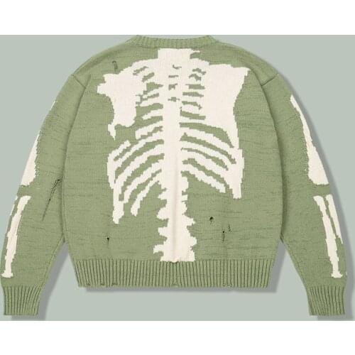 Green Loose Skeleton Bone Print Sweater Men Hip Hop Harajuku Streetwear Casual Knitted Sweaters Autumn Retro Campu Hole Pullover