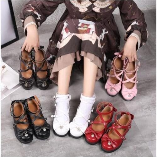 Japanese tea party sweet lolita shoes vintage round head low heel women shoes cute bowknot lace student kawaii shoes loli cos