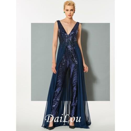 A-Line Sleeveless V-Neck Floor-Length Low Back Sequins Evening Jumpsuits with 30D Chiffon 2021