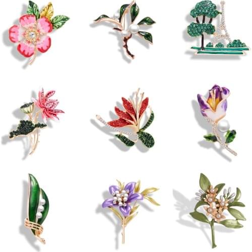 New Fashion Plant Flower Brooch Pins For Women Enamel Lotus Tree Rhinestone Pearl Lapel Pin Wedding Party Birthday Jewelry Gifts