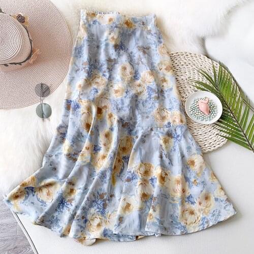 2021 New Women Summer Chiffon Trumpet Skirt Stretch High Waist Floral Long Skirt Femme Elegant Faldas Jupe Saia Women Boho Skirt