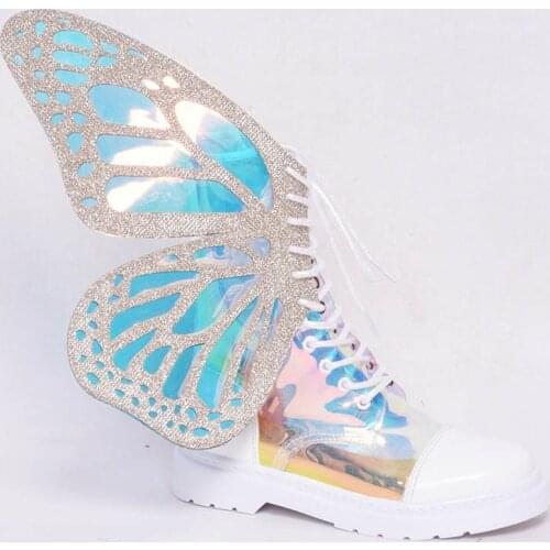 Runway Women Spring Autumn Shoes Butterfly Wings Side Zipper Bandage Boots Street Style Sequins Hip Hop Ankle Warm Cotton Boots