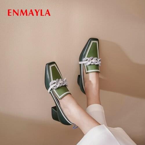 ENMAYLA 2020 Women Heels Square Heel Luxury Shoes Women Designers Basic Genuine Leather Party Slip-On Mature Women Pumps 34-40