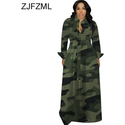 Fall Winter Camouflage Long Dresses Women Long Sleeve Slim Maxi Plus Size Dress Causal Turn-Down Collar Button Up Shirt Dress
