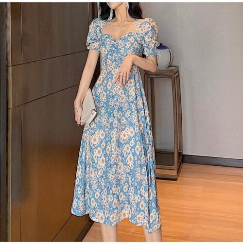2021 Summer Sexy Dress Women Korean Elegant A-line Party Midi Dresses Retro Vestido Temperament Bubble Sleeve Dress Ladies 14948