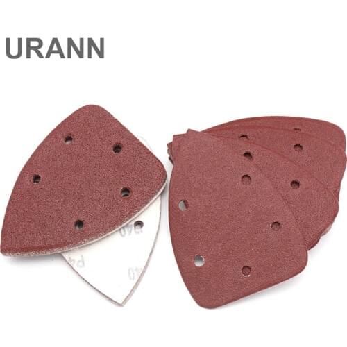 URANN 10pcs 140X90mm Triangle Sandpaper Five Hole Disk Sand Sheets Grit 40-400 Hook and Loop Sanding Disc Polishing Tool