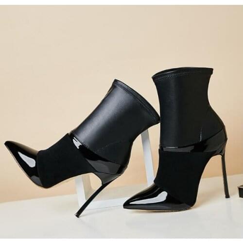 2019 Fashion Black Patent Leather Patchwork Ladies Blade Heel Ankle Boots Stretch Leather Slip On Women Sexy Boots Party Boots