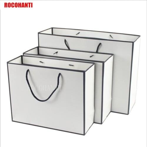 50X Customized LOGO Printing Black Frame White Shopping Paper bag with String for Garment Gift Retail Packaging Bags