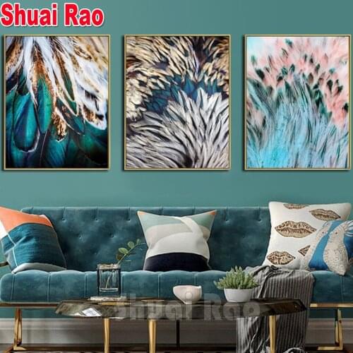 Abstract beautiful green pink feather Full Round embroidery,Diamond Mosaic 3Piece Diamond Painting Triptych Painting