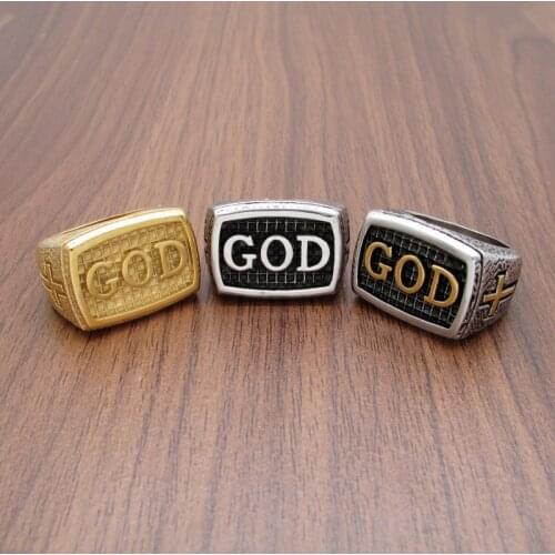 Free Shipping Punk 316L Stainless Steel Silver Color Black GOD Cross Letter Golden Plated Jesus Ring