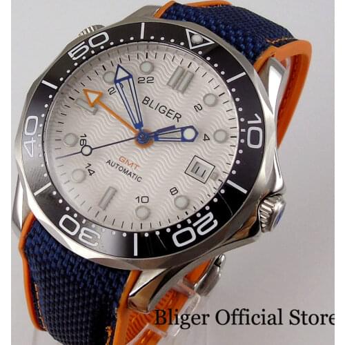 BLIGER Logo Automatic Men Watch MINGZHU 3804 Movement Blue Rubber Strap Ceramic Insert Flat Sapphire Glass Folding Clasp