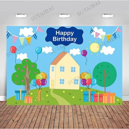 Baby Birthday Party Banner Background Cartoon House Ballons Baby Shower Photography Backdrop Photocall Props Photo Studio