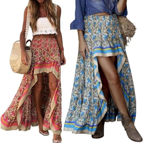 Hot kf-2 Pcs Boho Print Long Skirts Women Bottoms Elastic Waist Gypsy Ethnic Ladies Skirt M Size, Red & Blue