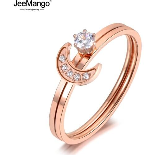 JeeMango Original Design Stainless Steel CZ Crystal 2 In 1 Moon Ring Rose Gold Anniversary Rings Jewelry For Women Girls JR19089