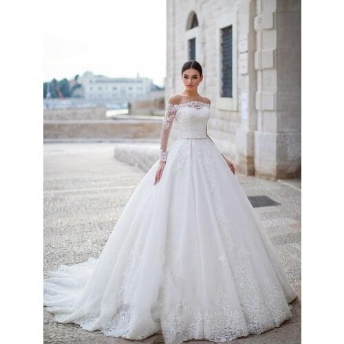 YILIBER Lace wedding dress one shoulder long sleeve applique belt decoration bridal dresses simple retro atmosphere lace big ski