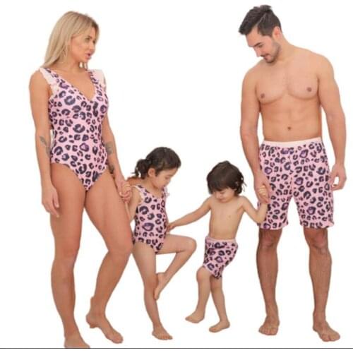 Family Swimsuit Fashion Leopard Parent-child Swimwear Mom Girl Swimsuit Dad Boys Elastic Swim Trunk Mom and Son Matching 2-9Y