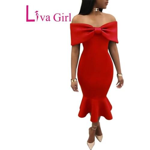 Liva Girl 2019 Sexy Ladies Bow Bodycon Party Dress Elegant Women Autumn Off Shoulder Ruffled Hem Dresses Bud Vestidos De Fsiesta