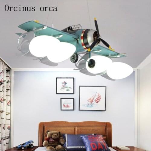 American retro iron aircraft chandelier boy bedroom childrens room lights cartoon creative blue LED fighter Chandelier