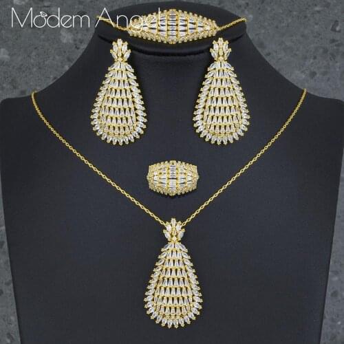 ModemAngel Luxury Water Drop Necklace Bracelet Earring Ring Jewelry Sets For Women Wedding Indian Dubai Bridal Jewelry Set