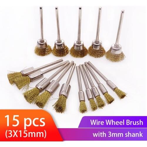 15pcs Wire Brushes Set Steel Wheel Brush Polishing Pen Brush 1/8" (3mm) Shank for Accessories Rotary Tools