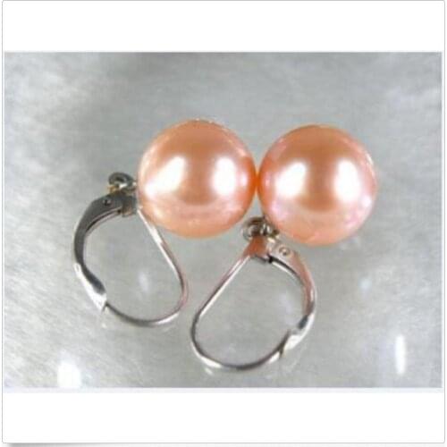 A pair 10-11mm AAA south sea round gold pink pearl dangle earrings14k