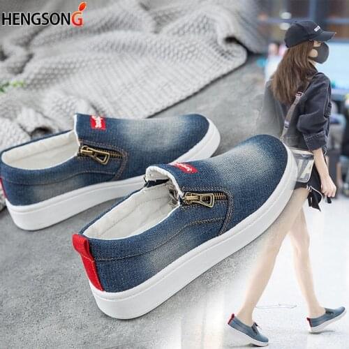 Canvas Shoes Womens Flats Lady Denim Jeans Casual Shoes 2019 Spring Autumn Flat Platforms Leisure Side Zippers Lazy Shoes Femme