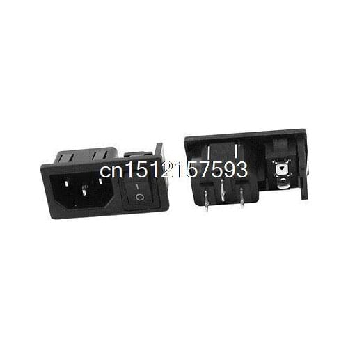 AC 10A 250V 2 Pin SPST Black Rocker Switch IEC320 C14 Inlet Power Socket 2Pcs