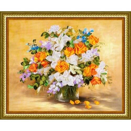 Needlework,DIY Big Ribbon Cross stitch Sets for Embroidery kit,Spring rose and lily flowers Cross-Stitch handwork wall decor