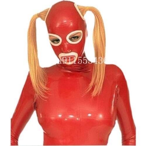 Sexy Exotic Latex Hood Mask with Open Big Eyes Back Zip Fetish Hood Mask with Hair Holes for Face Women Men
