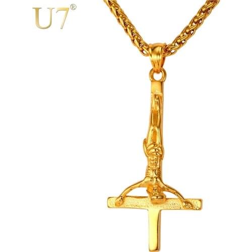 U7 Inverted Cross Necklace Men Gothic Satanic Jewelry Gold Color Stainless Steel Upside Down Cross of St. Peter Pendant P813