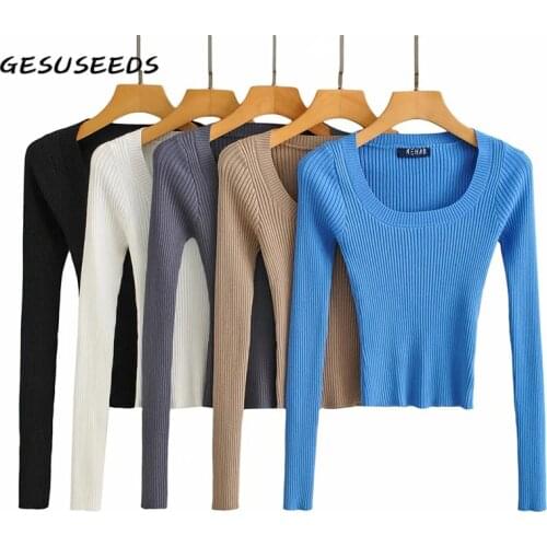 Knitted cropped sweater women long sleeve pullover solid o neck sweater basic slim sweater white blue korean pullover fall 2020