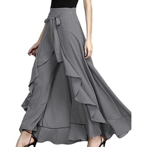 Wrap Skirts Women Casual Fashion Navy Chiffon Tie-Waist Ruffle Wide Leg Loose Pants