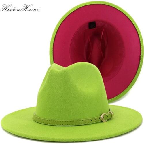 2021 European American Fashion New Lime Green Rose Red Patchwork Woolen Felt Fedora Hat for Wome Men Elegant Wide Brim Hat