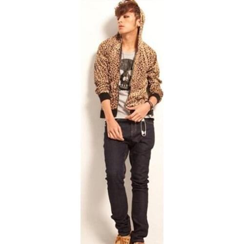 S-4XL Korean tide male autumn and winter clothing plus size leopard hooded coat long sleeve new singer stage costume