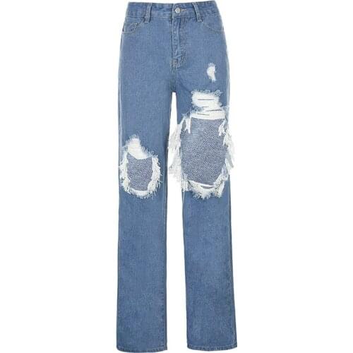 Street Shot Hole High Waist Women Jeans Washed Distressed Jeans Autumn European American Personality Loose Thin Trousers Women