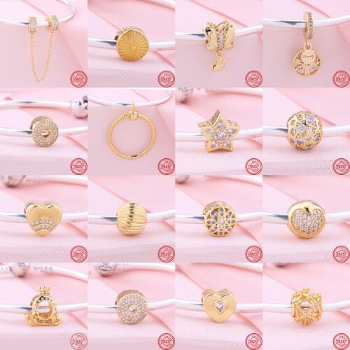 Golden Style Angel Crown Family Tree Glittering Pendant Beads Fit Original Pandora Charms Bracelet Women 925 Silver Fine Jewelry