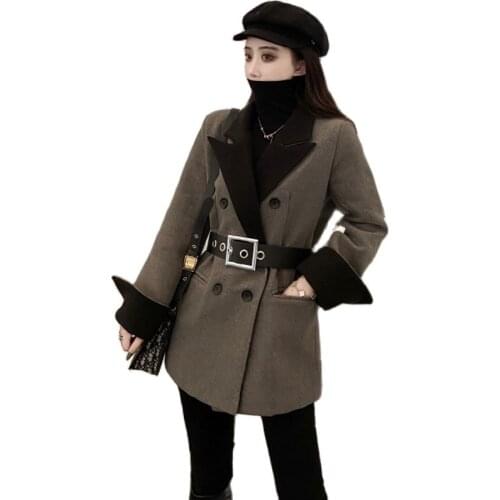 New 2020 Spring Autumn Womens Sashes Jackets Notched Outerwear England Style OL Vintage Blazer Woolen Coat Fashion Tops Female