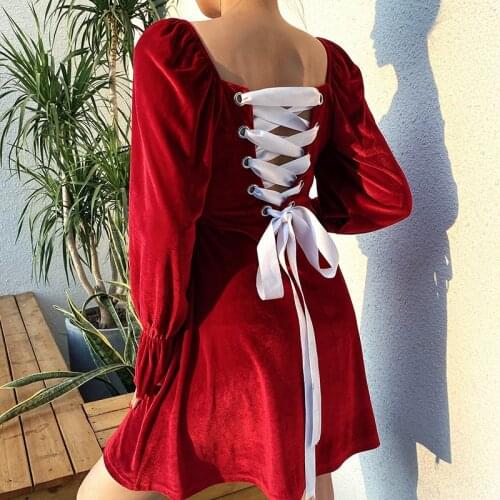 Sexy Backless Bandage Tie Up Vintage Square Collar Velvet Red Elegant Y2k Dress Women 2021New Long Flare Sleeve Party Dresses