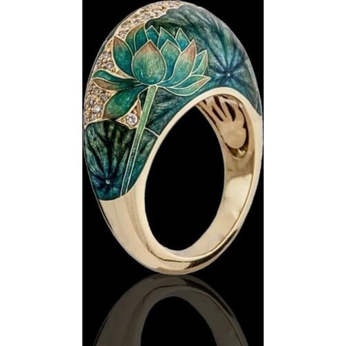 FFLACELL New Fashion Retro Female Curved Green Lotus Ring Banquet Holiday Birthday Anniversary Jewelry Gift