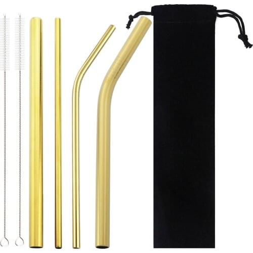 Gold 304 Stainless Steel Straw Eco Friendly Reusable Straw Metal Smoothies Drinking Straws Set with Brush and Black Bag Wholesal