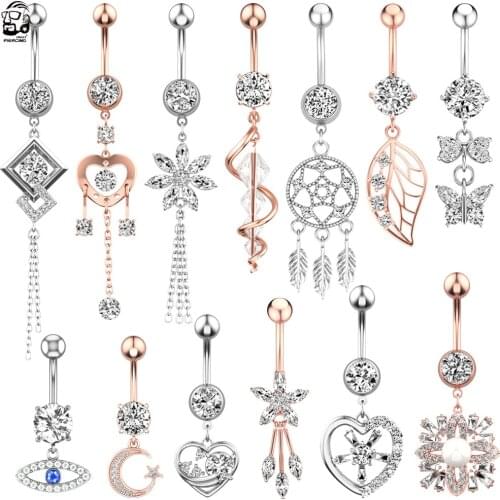 13pcs/lot Zircon Belly Button Rings Belly Piercings Set Stainless Steel Butterfly Heart Navel Piercing Dangle Body Jewelry Oreja