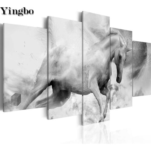 5 pcs 5D DIY Diamond Painting Full Square round Black and white animal horse Pattern Mosaic Rhinestone Embroidery beadwork