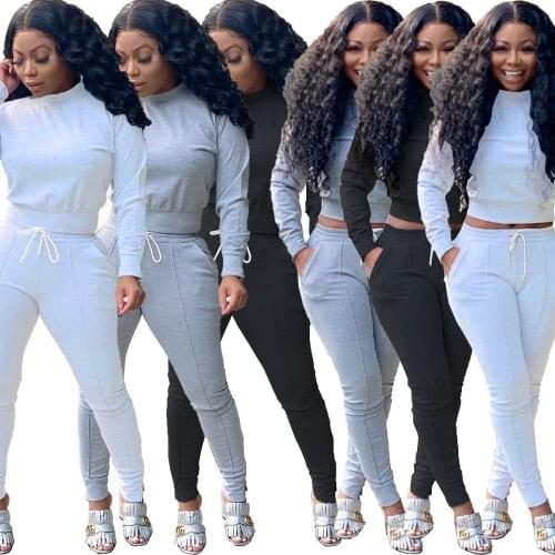 78LY5891 Autumn Winter Women Casual Fashion Solid Navel Sports Two Piece Set Top and Pants Tracksuit Sweatsuit Outfits Hot 2020